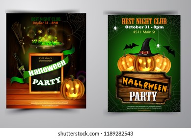 Halloween party invitation on wooden wall background