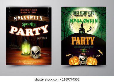 Halloween party invitation on wooden wall background