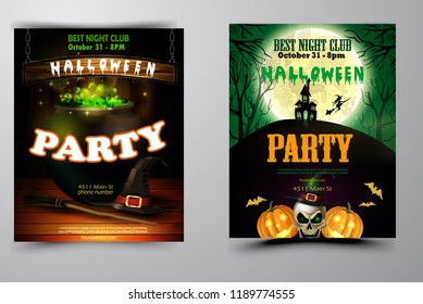 Halloween party invitation on wooden wall background