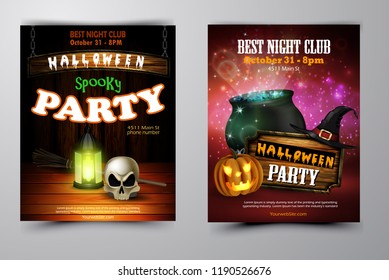 Halloween party invitation on wooden wall background