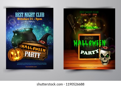 Halloween party invitation on wooden wall background