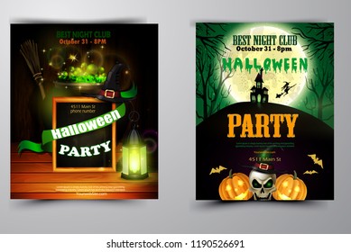 Halloween party invitation on wooden wall background