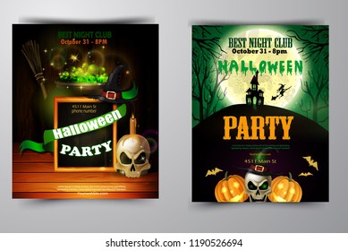 Halloween party invitation on wooden wall background