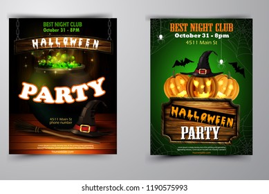Halloween party invitation on wooden wall background