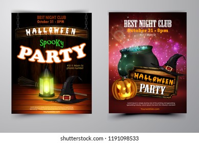Halloween party invitation on wooden wall background