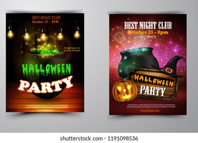 Halloween party invitation on wooden wall background