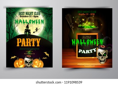 Halloween party invitation on wooden wall background