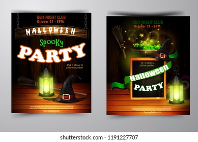 Halloween party invitation on wooden wall background