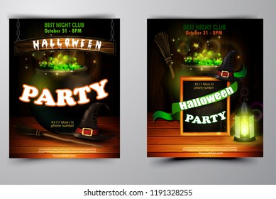 Halloween party invitation on wooden wall background