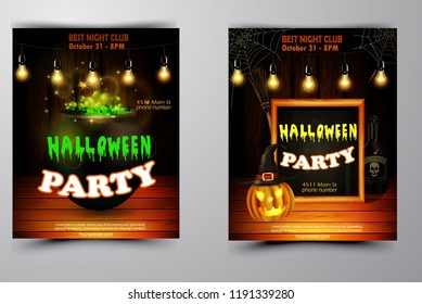 Halloween party invitation on wooden wall background