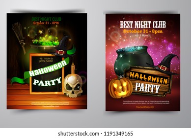 Halloween party invitation on wooden wall background
