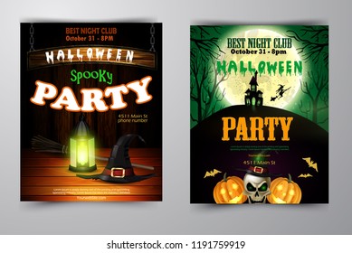 Halloween party invitation on wooden wall background