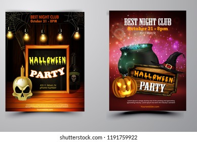 Halloween party invitation on wooden wall background