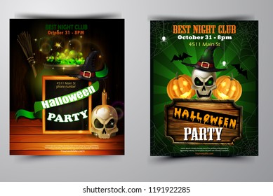 Halloween party invitation on wooden wall background