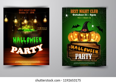 Halloween party invitation on wooden wall background