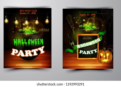 Halloween party invitation on wooden wall background