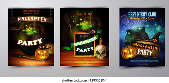 Halloween party invitation on wooden wall background