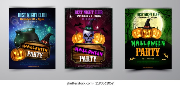 Halloween party invitation on wooden wall background