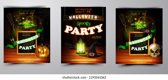 Halloween party invitation on wooden wall background
