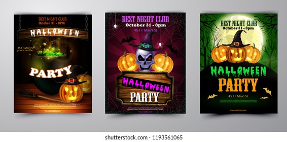 Halloween party invitation on wooden wall background