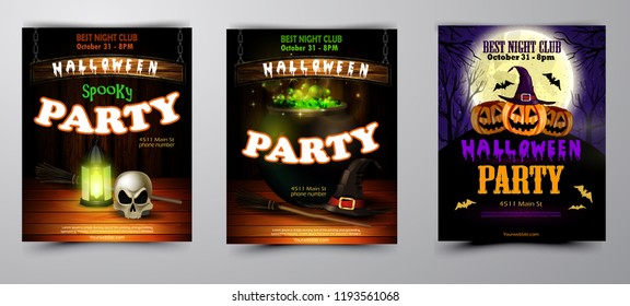 Halloween party invitation on wooden wall background