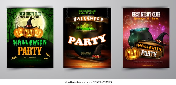 Halloween party invitation on wooden wall background