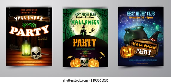 Halloween party invitation on wooden wall background