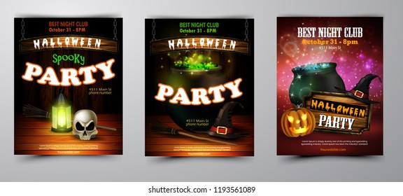 Halloween party invitation on wooden wall background