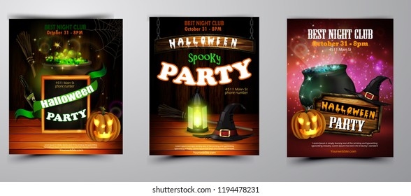 Halloween party invitation on wooden wall background
