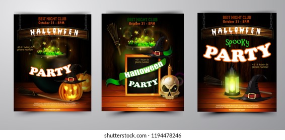 Halloween party invitation on wooden wall background