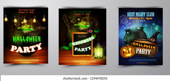Halloween party invitation on wooden wall background