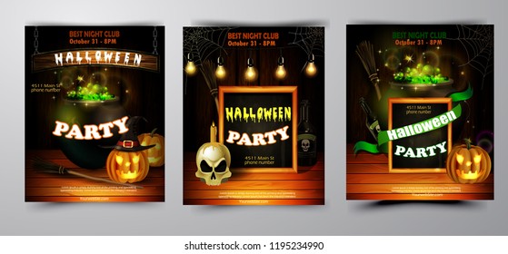 Halloween party invitation on wooden wall background