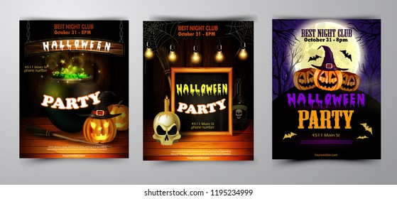 Halloween party invitation on wooden wall background