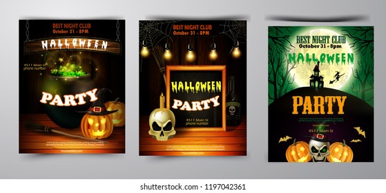 Halloween party invitation on wooden wall background