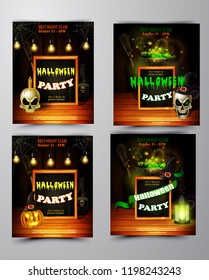 Halloween party invitation on wooden wall background