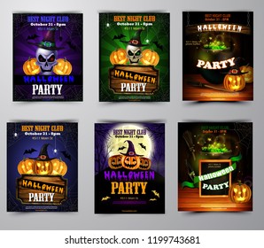 Halloween party invitation on wooden wall background