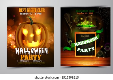 Halloween party invitation on wooden wall background