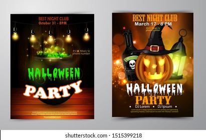 Halloween party invitation on wooden wall background