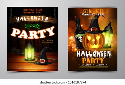 Halloween party invitation on wooden wall background