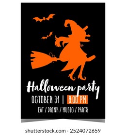 Halloween party invitation with orange evil witch flying on her broom surrounded by bats on black background. Vector poster or banner for All Saints' Eve celebration and Trick or Treat event.