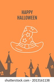 Halloween party invitation postcard with linear glyph icon. Greeting card with decorative vector design. Simple style poster with creative lineart illustration. Flyer with holiday wish