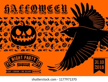 Halloween party invitation, poster or banner template with flying Raven. Vector illustration.