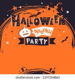 Halloween party invitation, poster, banner with hand drawn text. Childish illustration with castle, bats and pumpkin. Vector holiday background. Empty space for your text. Square composition