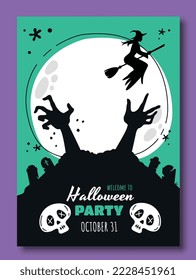 Halloween party invitation. Poster or banner, silhouette of witch on broom near cemetery. International traditional holiday, horror and fear, traditions and culture. Cartoon flat vector illustration