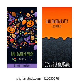 Halloween party invitation poster card design template with colorful pattern and orange flowing liquid. Vector illustration.