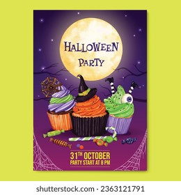 Halloween party invitation poster. Halloween celebration design template with trick and treat sweets and candy elements  