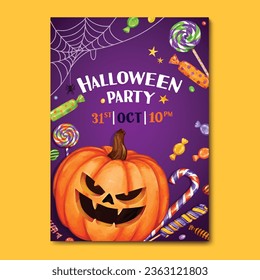 Afiche de la invitación a la fiesta de Halloween. Plantilla de diseño de celebración de Halloween con dulces y dulces trucos y elementos de dulces  