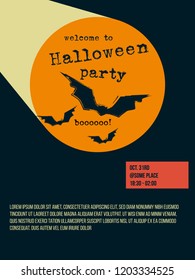 Halloween party invitation poster design template, with bats silhouette in orange circle on dark background, vector graphics