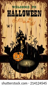Halloween party invitation poster. Old-fashion style. Hand drawn vector illustration.