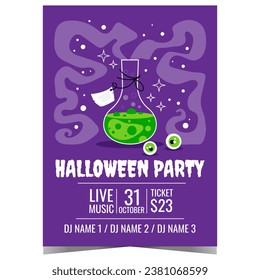 Halloween party invitation poster with poisonous and toxic cocktail in a flask, spooky eyeballs, witchcraft and wizardry smoke on the blue background. Halloween celebration banner, leaflet, flyer.